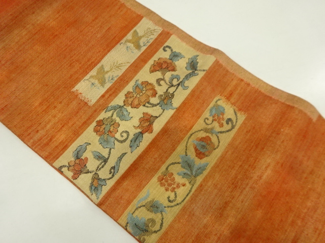 リサイクル　手織り紬横段に花鳥模様織出し袋帯